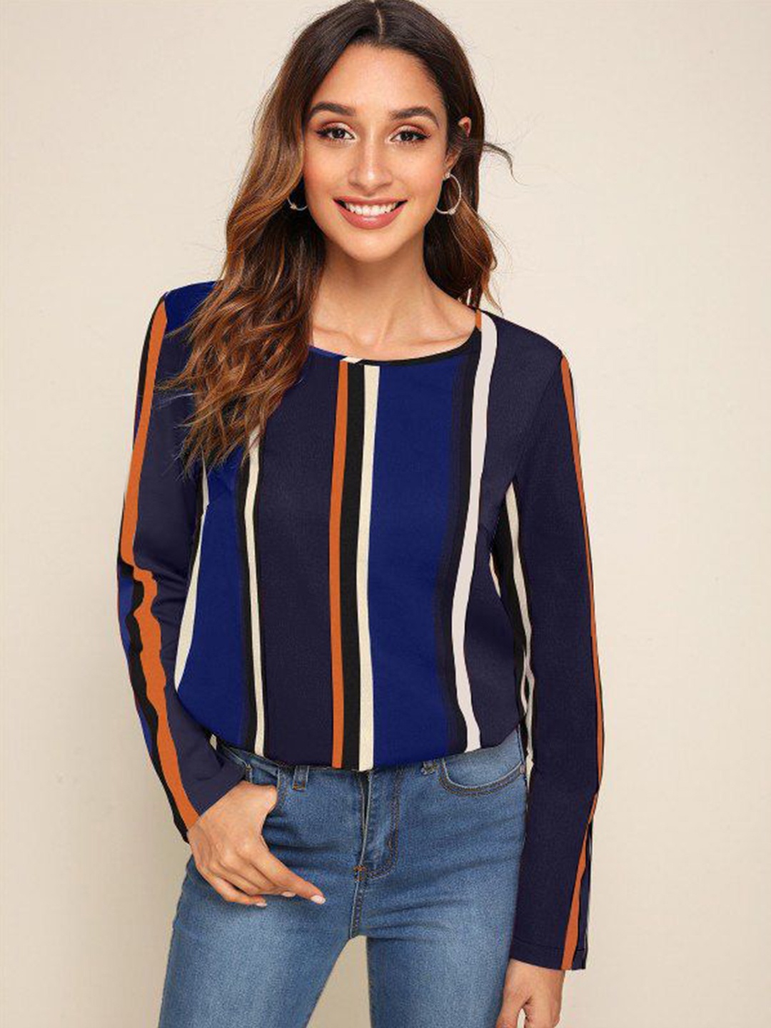 

Stylecast X Slyck Women Round Neck Striped Blouson Top, Navy blue