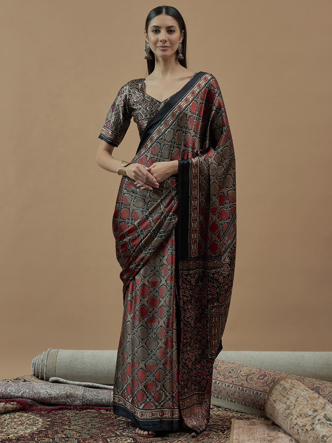 

Saree mall Ajrak Block Poly Crepe Block Print Sarees, Grey