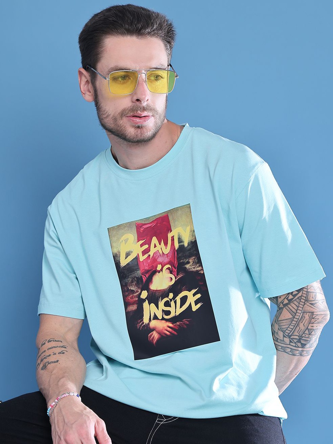 

DOOR74 Men Printed Drop-Shoulder Sleeves T-shirt, Blue