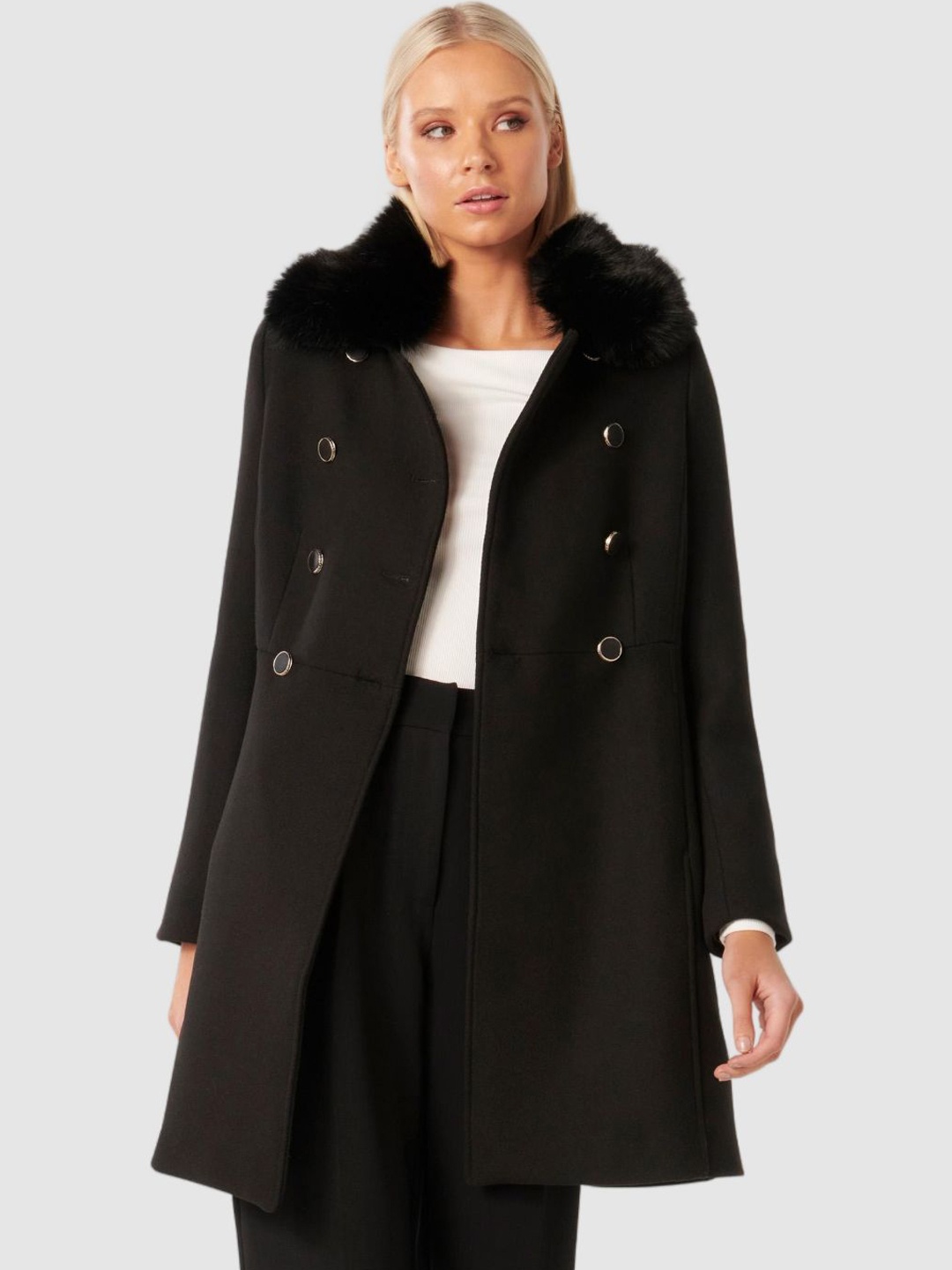 

Forever New Faux Fur Collar Dolly Coat, Black