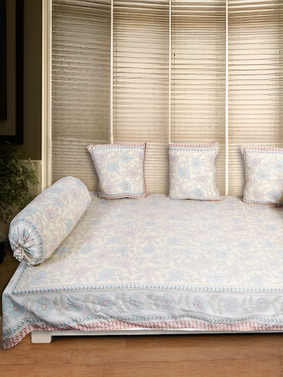 

INDHOME LIFE Set Of 6 White & Yellow Floral-PrintedDiwanSet