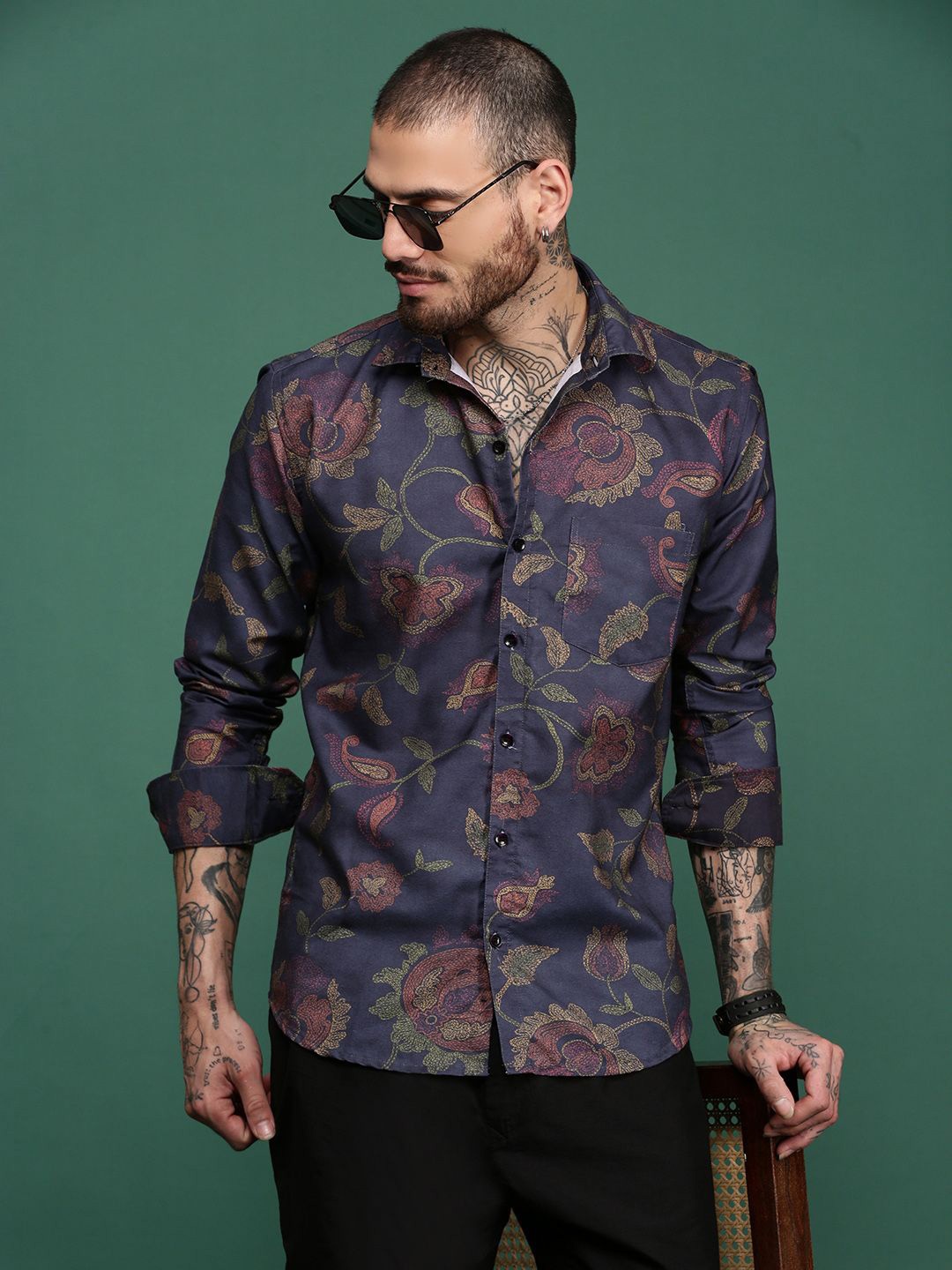 

Sangria Floral Printed Full Sleeved Shirt, Navy blue