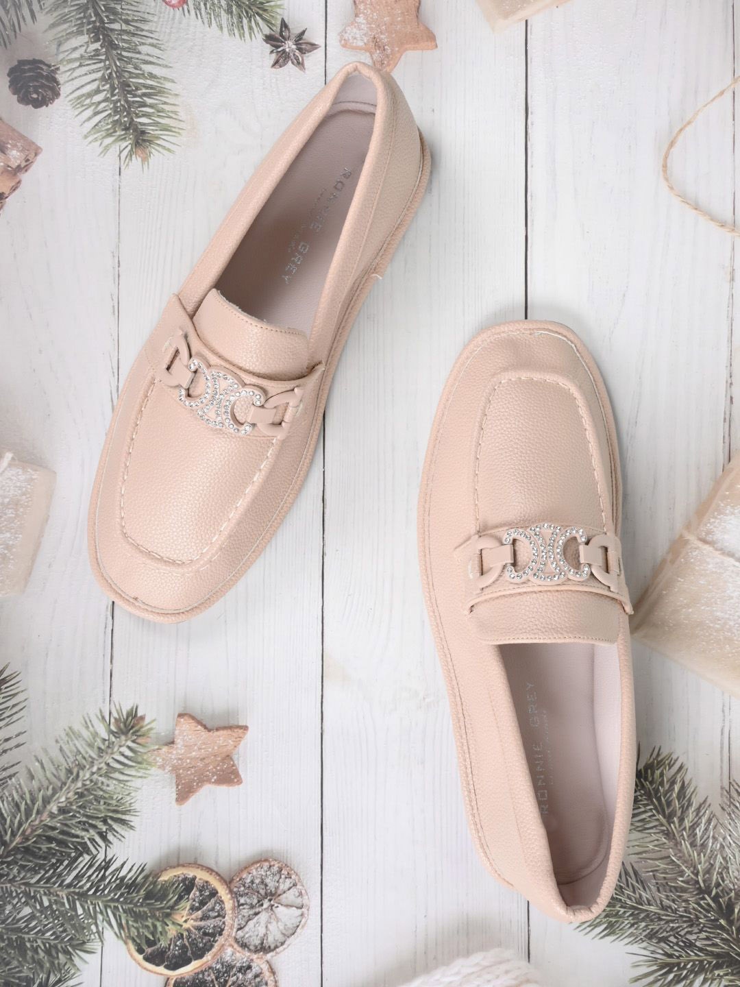 

Ronnie Grey Women Textured Square Toe PU Loafers, Beige