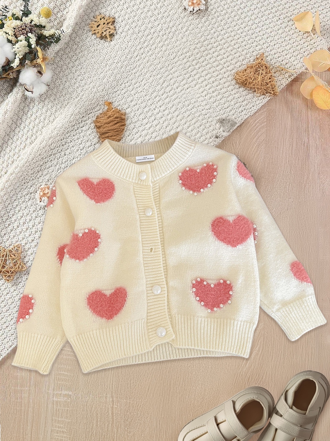 

FOREVER FRIDAY Girls Cotton Self Design Cardigan with Embellished Detail, Off white