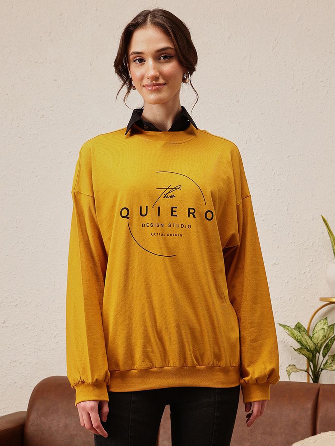 

QUIERO Women Printed Drop-Shoulder Sleeves Bio Finish T-shirt, Mustard