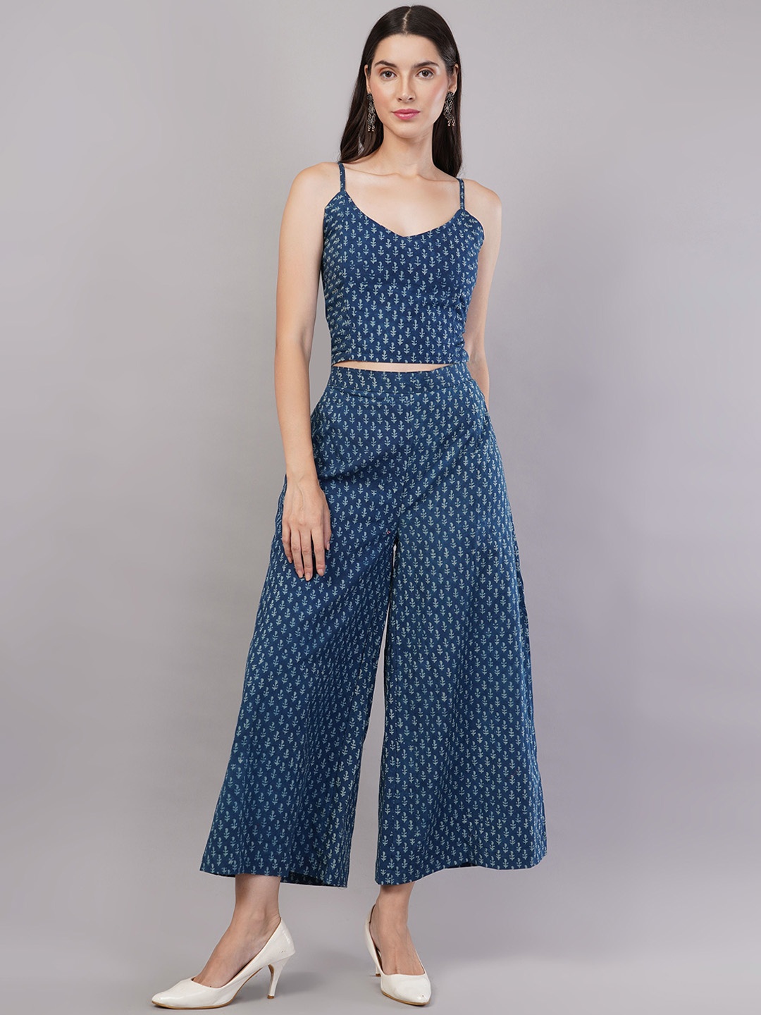 

NAVSYAA Ajarkh Block Printed Pure Cotton Top & Palazzo Co-Ords, Blue