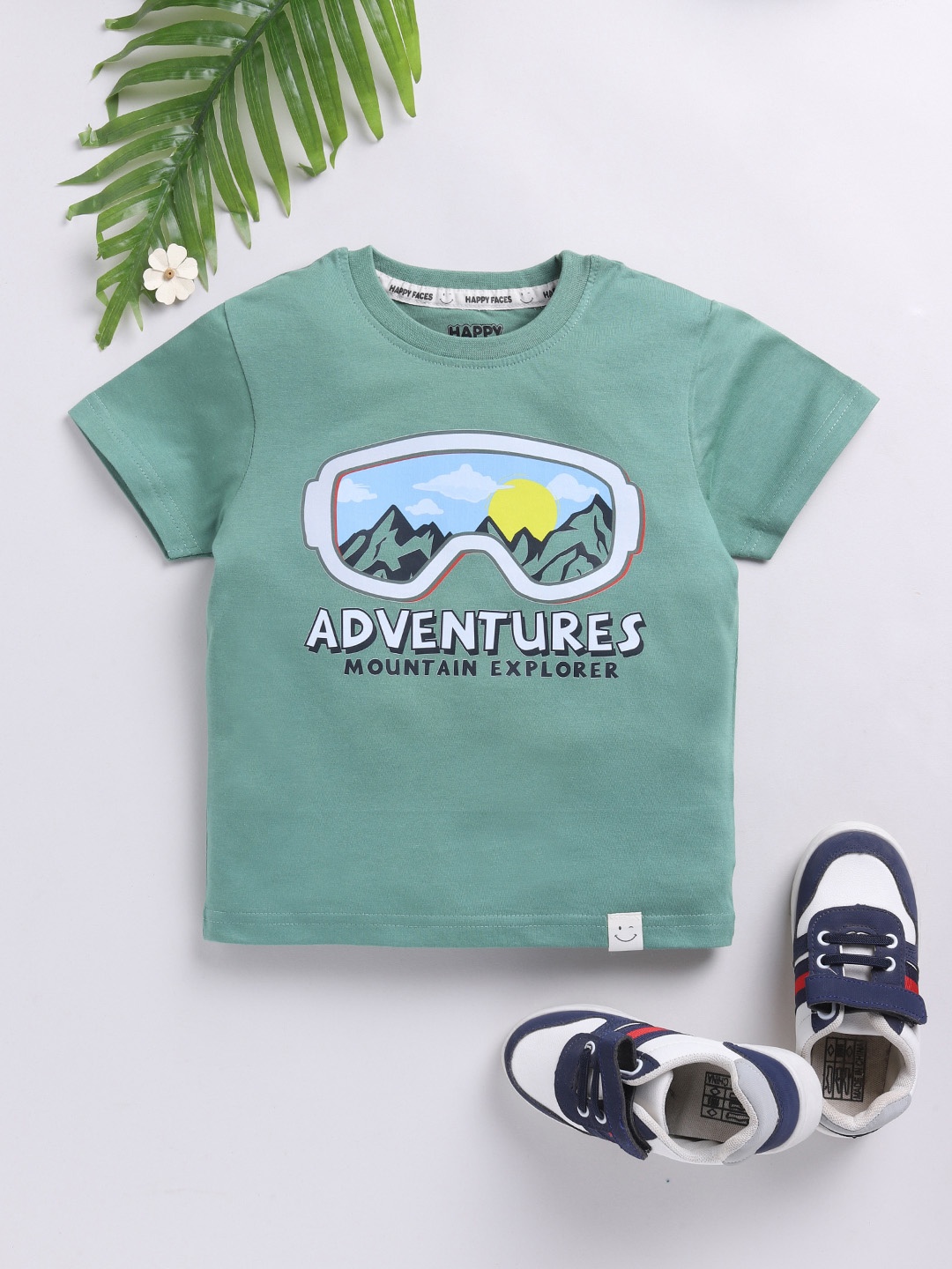 

Happy Faces Kids Boys Graphic Printed Pure Cotton T-Shirt, Green