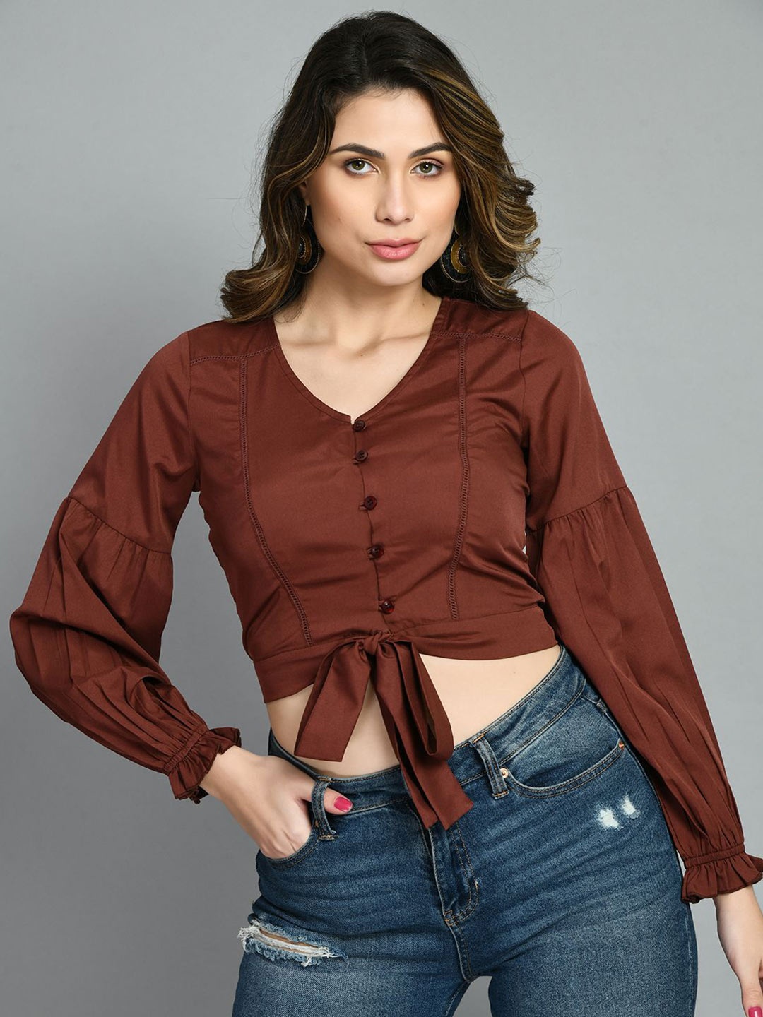 

all about you Bishop Sleeves Crop Top, Brown