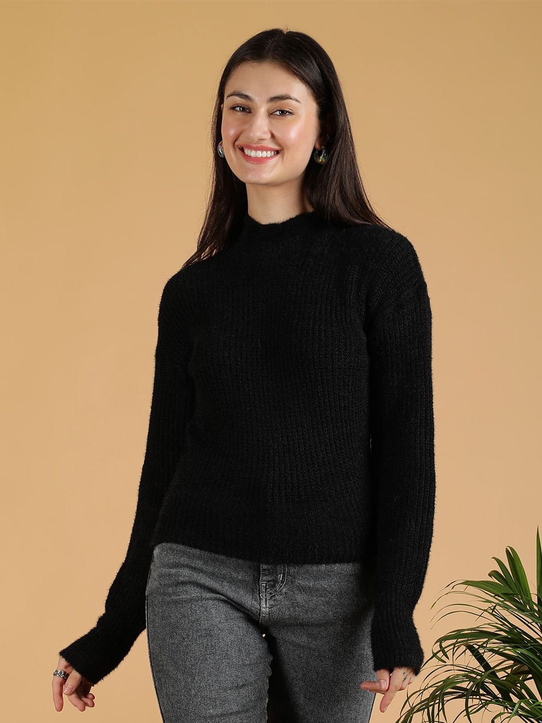 

Stylecast X Kotty Women Turtle Neck Ribbed Cotton Pullover, Black
