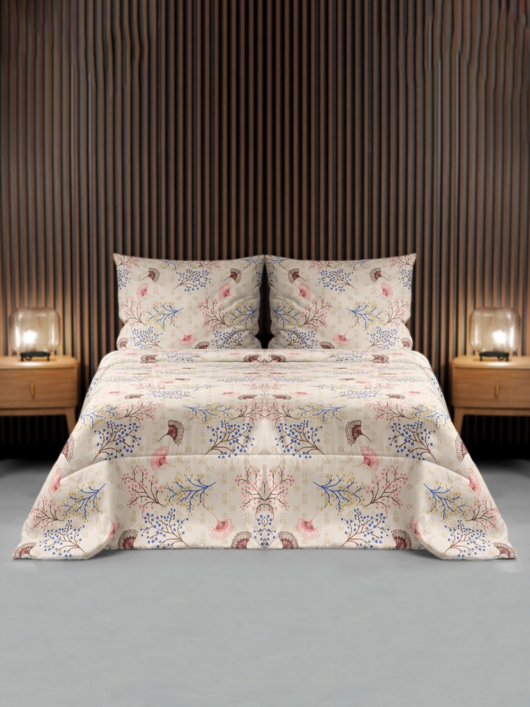 

VINTANA Beige & Blue Floral 160 TC Queen Bedsheet with 2 Pillow Covers