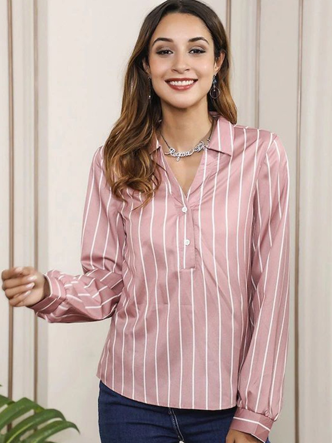 

Stylecast X Slyck Striped Pattern Shirt Collar Cuffed Sleeve Shirt Style Top, Pink