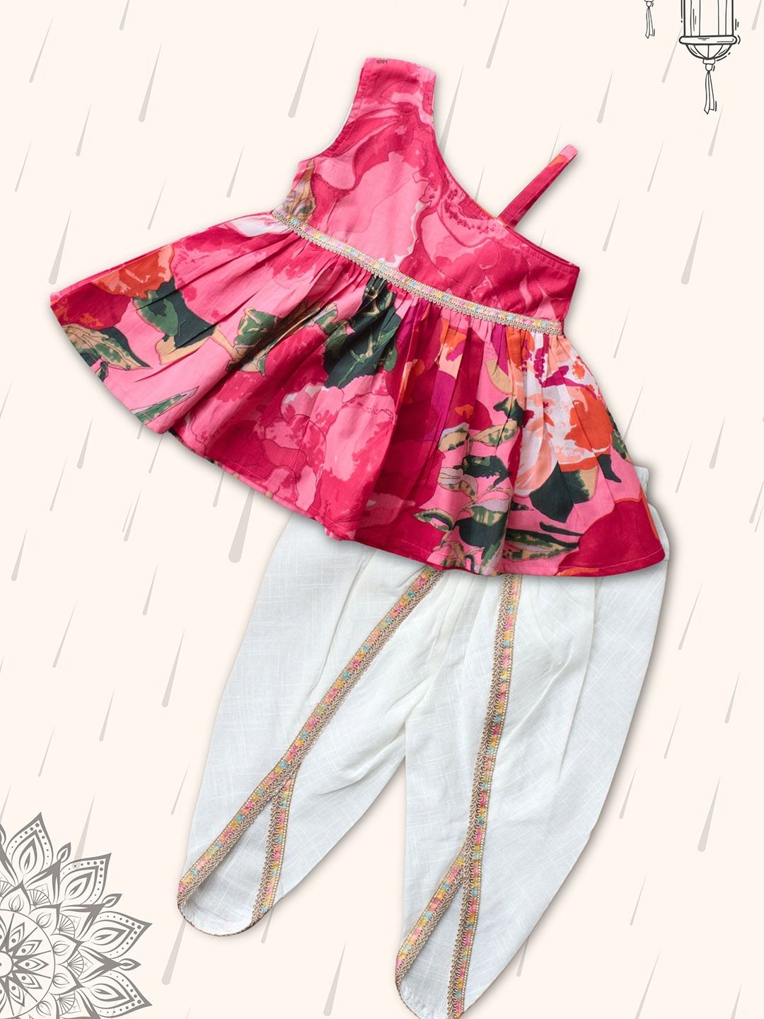 

Peekaaboo Kids Girls Floral Printed Pleated Pure Cotton Top with Dhoti Pants, Red