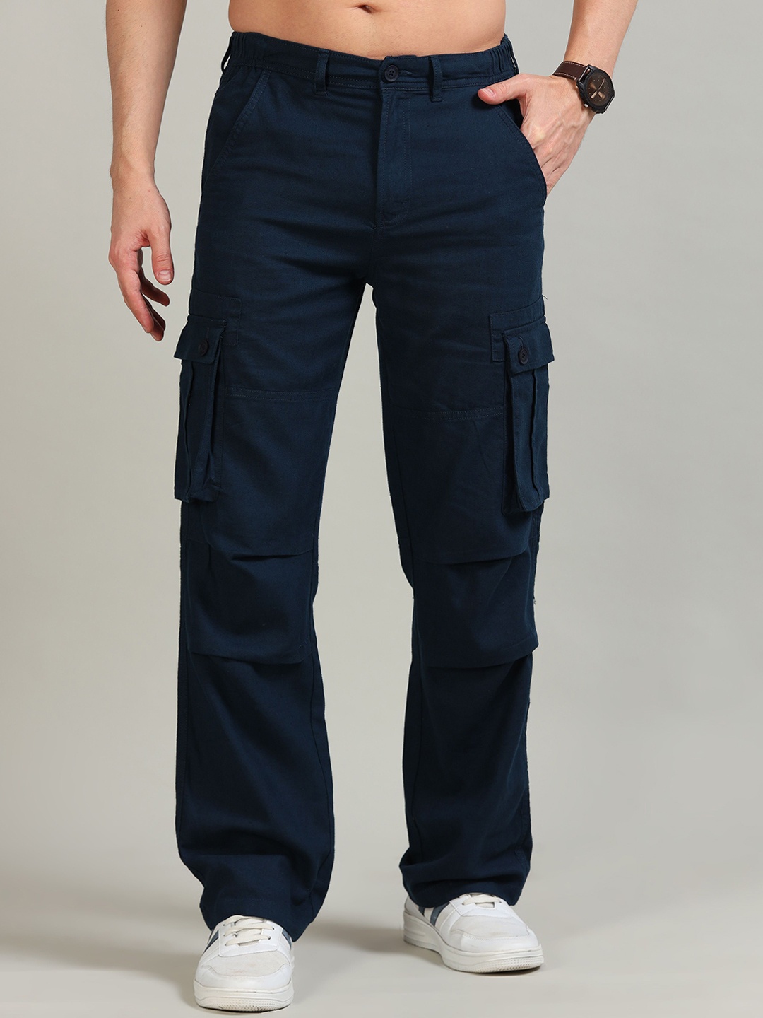 

RIGS AND RAGS Men Smart Straight Fit Cargos Trousers, Navy blue