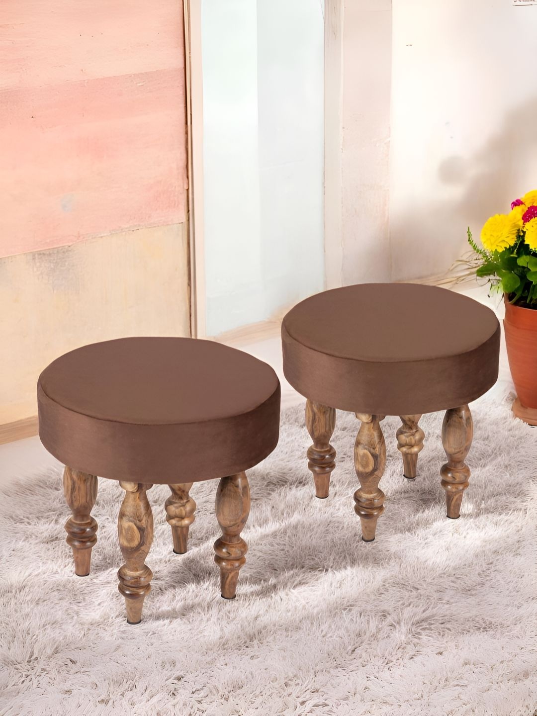 

Ikiriya 2-Pcs Brown Round Wooden Stools with Velvet Upholstery