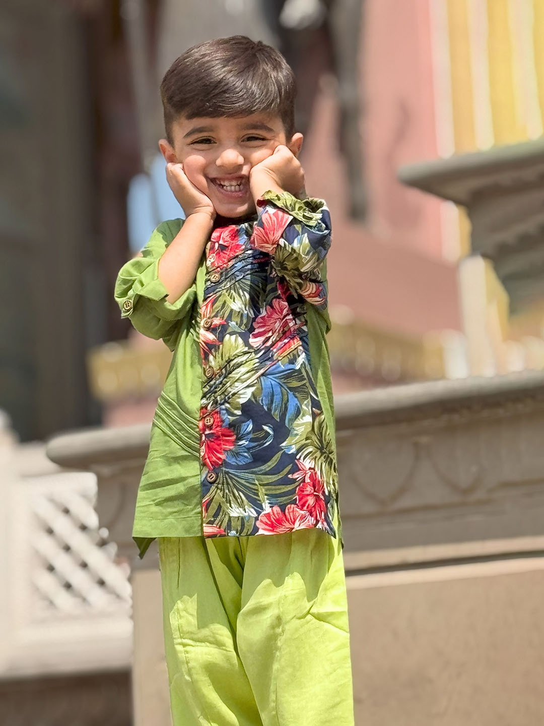 

Peekaaboo Kids Boys Floral Panelled Thread Work Pure Cotton Kurta with Salwar, Green