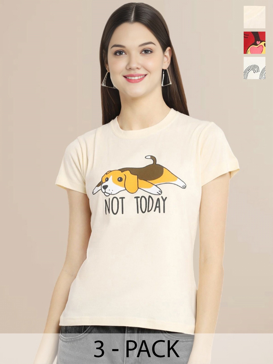 

Metronaut Women Pack Of 3 Typography Printed Round Neck Cotton T-shirts, Off white