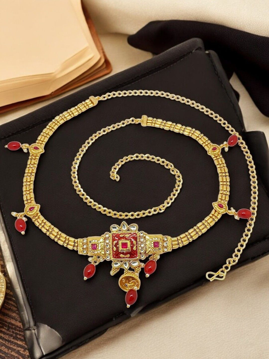 

FEMMIBELLA Artificial Stones Studded Waist Chain Saree Accessories, Gold
