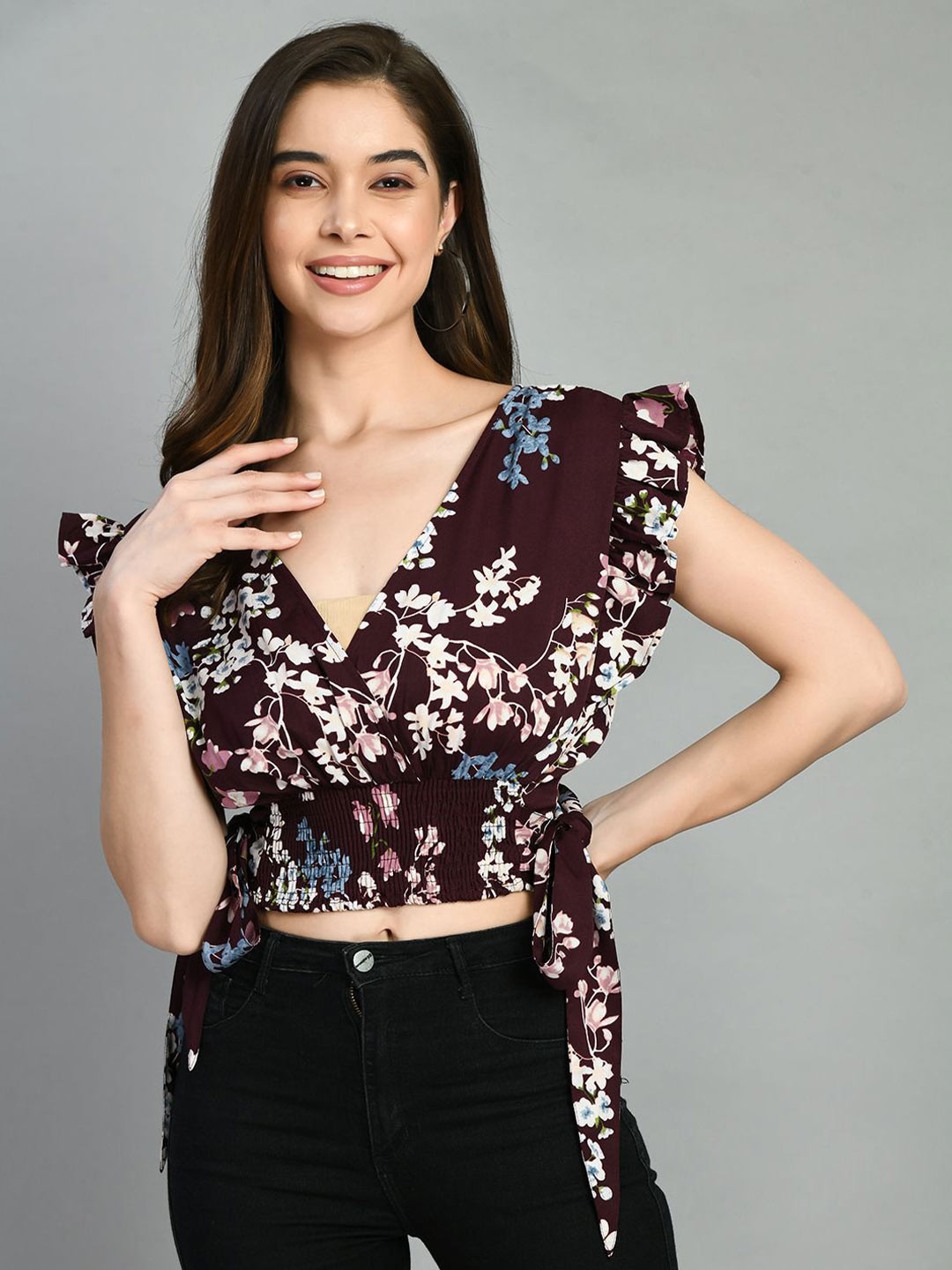 

all about you Floral Print Flutter Sleeve Wrap Crop Top, Multi