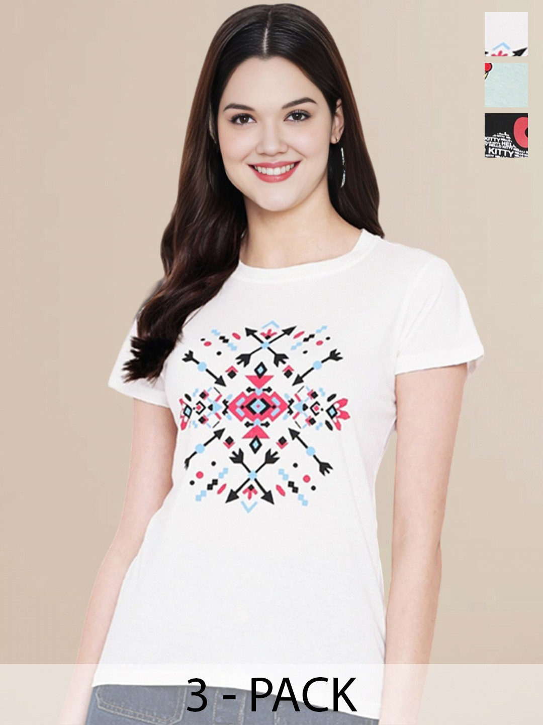 

Metronaut Women Pack Of 3 Typography Printed Round Neck Cotton T-shirts, Sea green