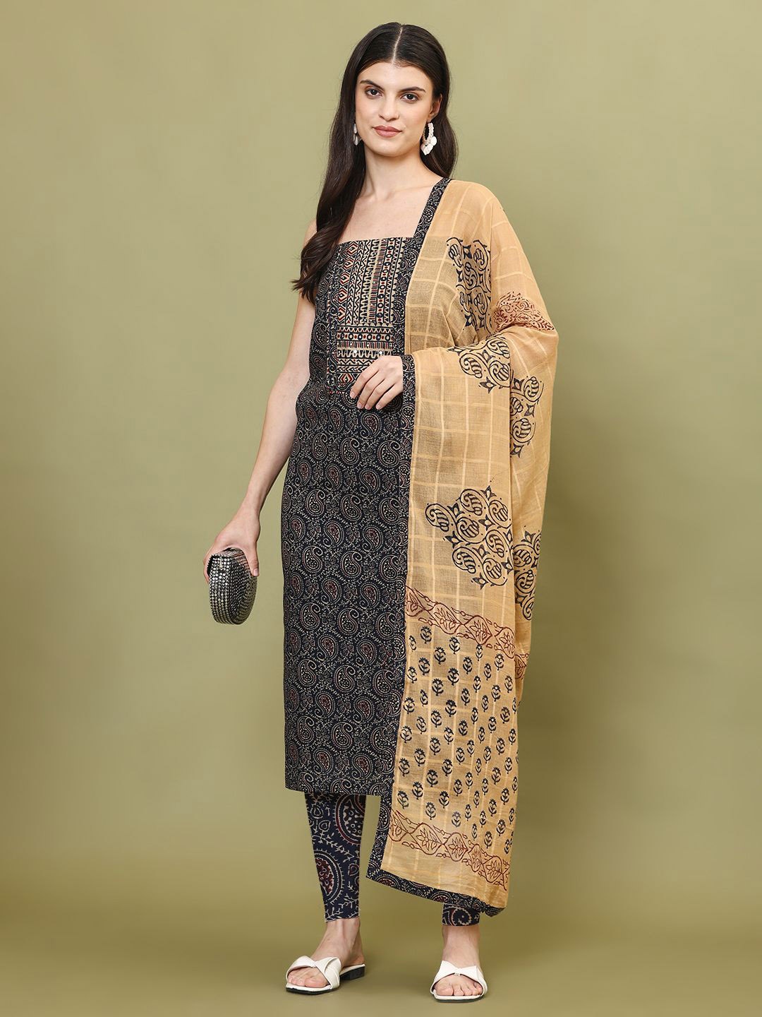 

Meena Bazaar Paisley Printed Cotton Unstitched Dress Material, Navy blue