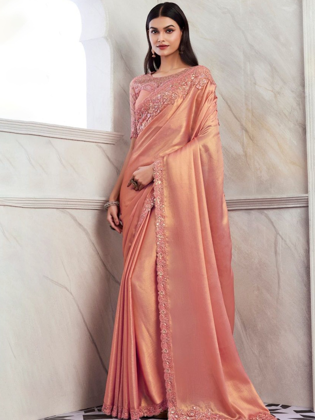 

Reboot Fashions Embellished Beads and Stones Pure Chiffon Saree, Peach