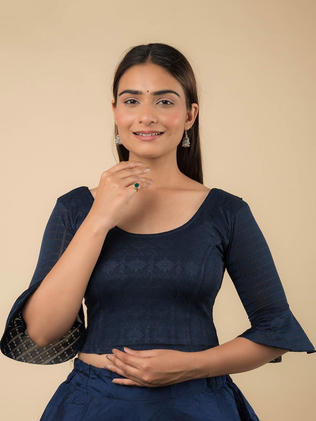 

Bindigasm's Advi Ruffle Neck Bell Sleeves Stretchable Slip on Blouse, Navy blue