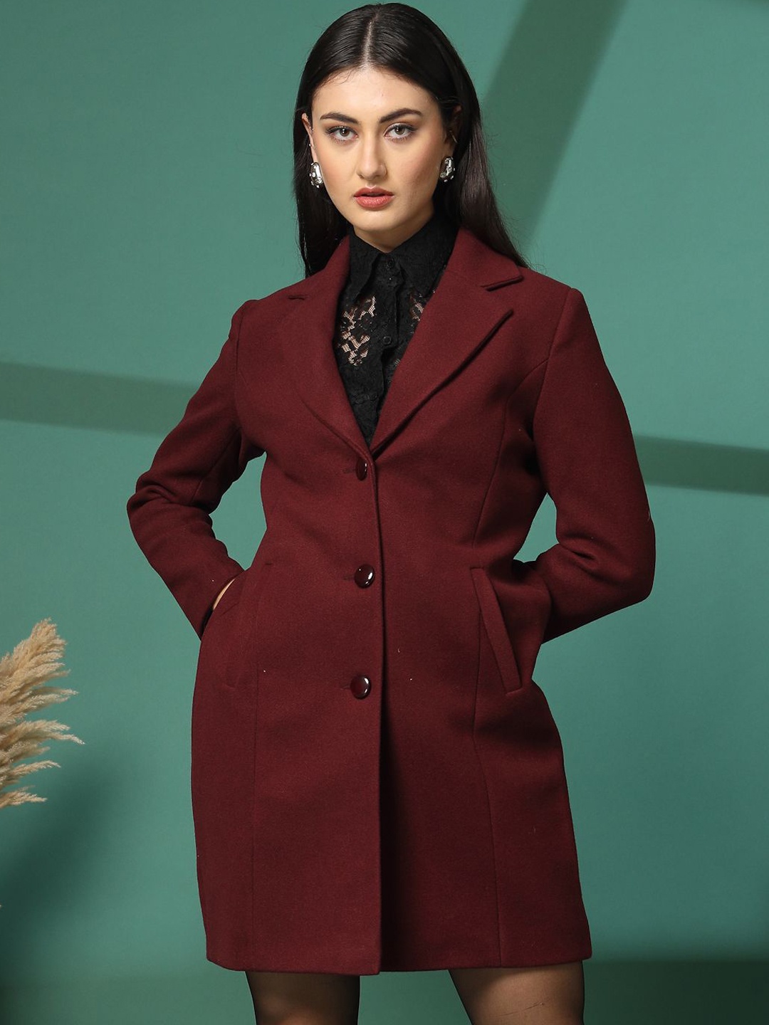 

PROTEX Women Single Breasted Lapel Collar Winter Wear Overcoat, Maroon