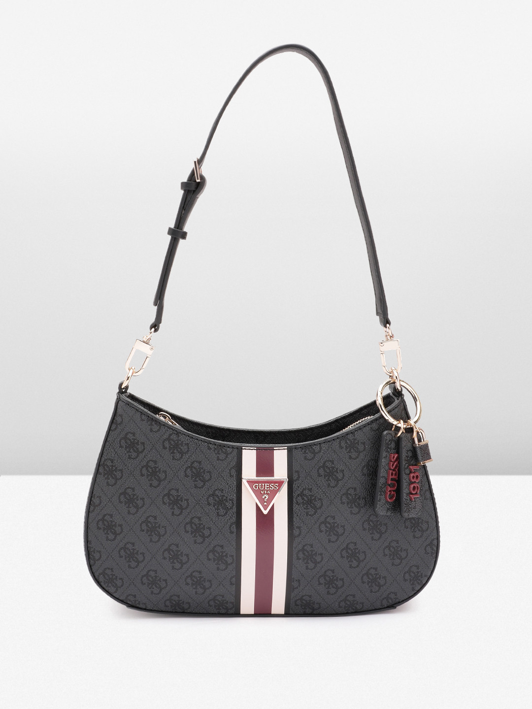 

GUESS Striped PU Textured Shoulder Bag, Black