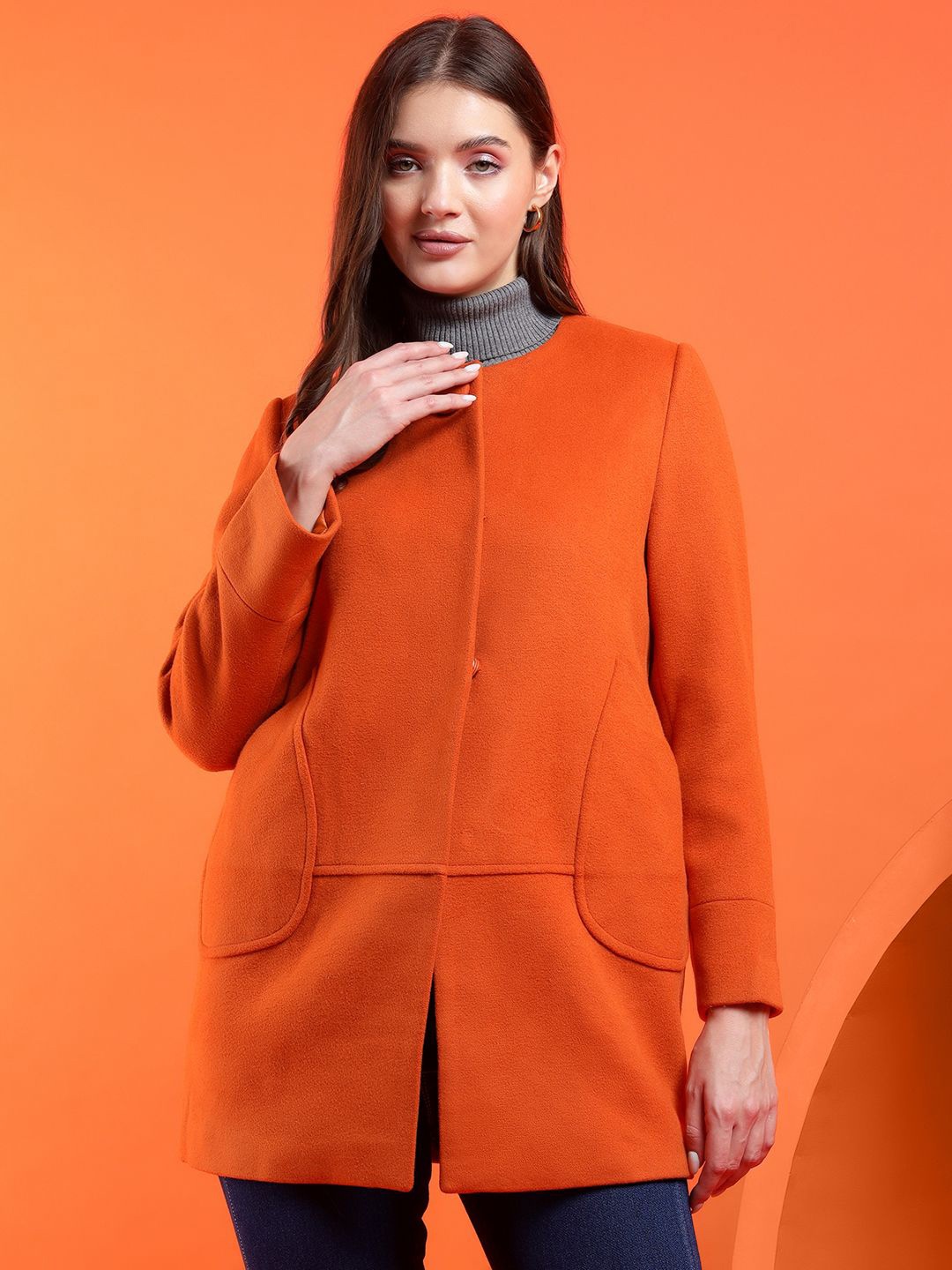 

Kotty Women Solid Mandarin Collar Overcoat, Orange