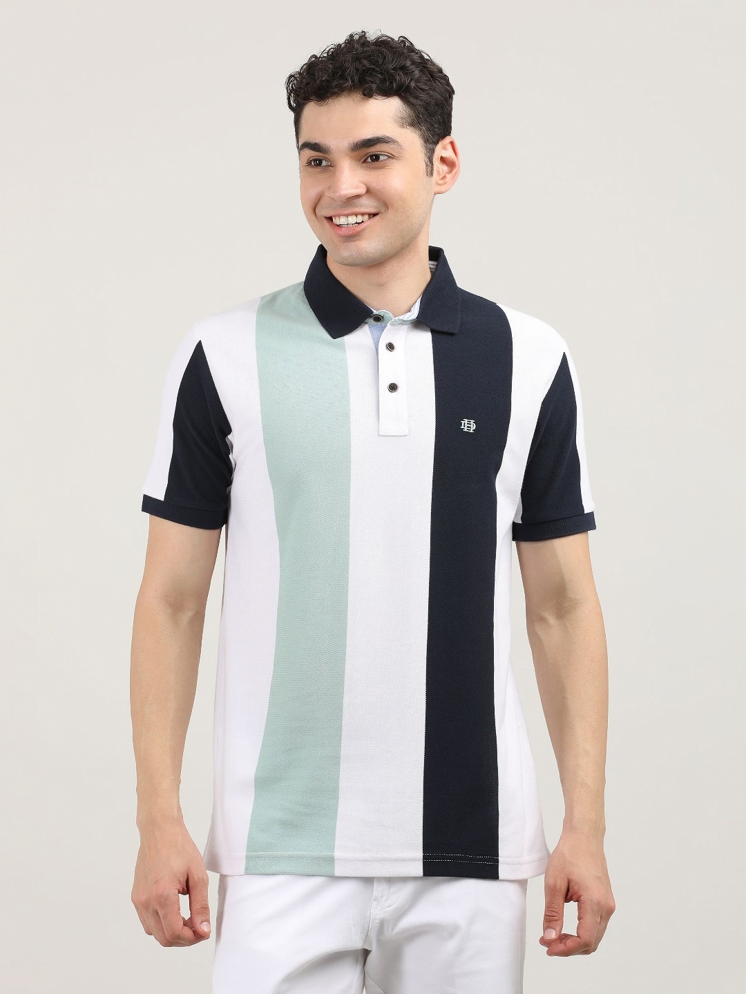 

DRAGON HILL Men Striped Polo Collar Slim Fit T-shirt, Na