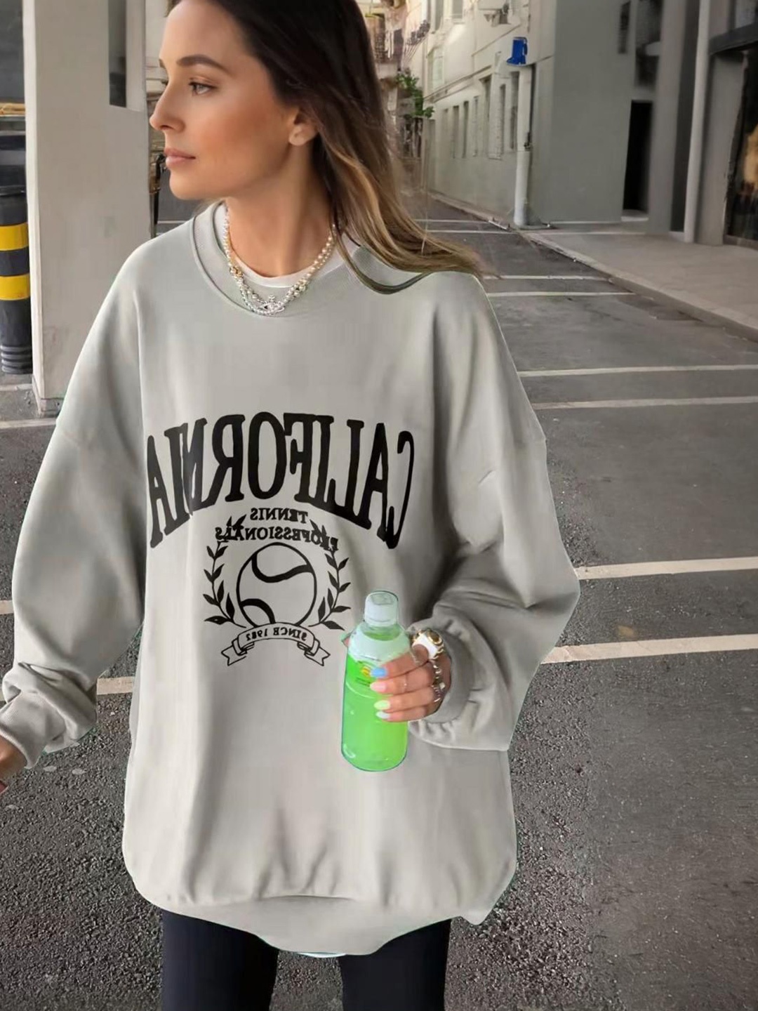 

StyleCast Women Printed Oversized Pullover Sweatshirt, Grey