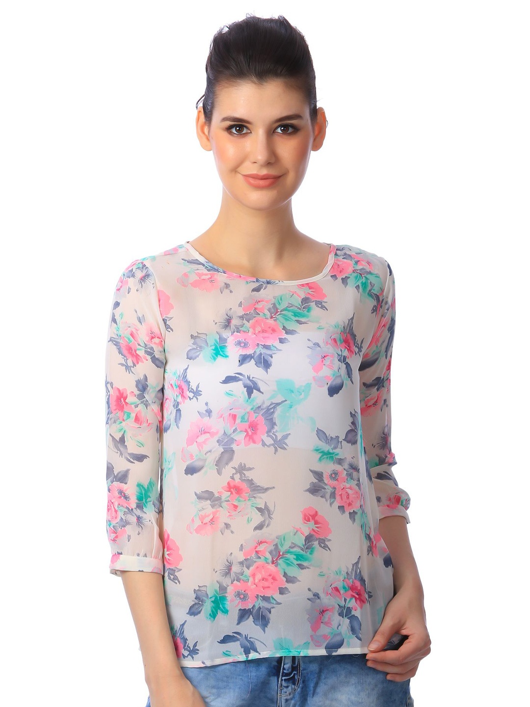 

BAESD Women Floral Printed Round Neck Top, White