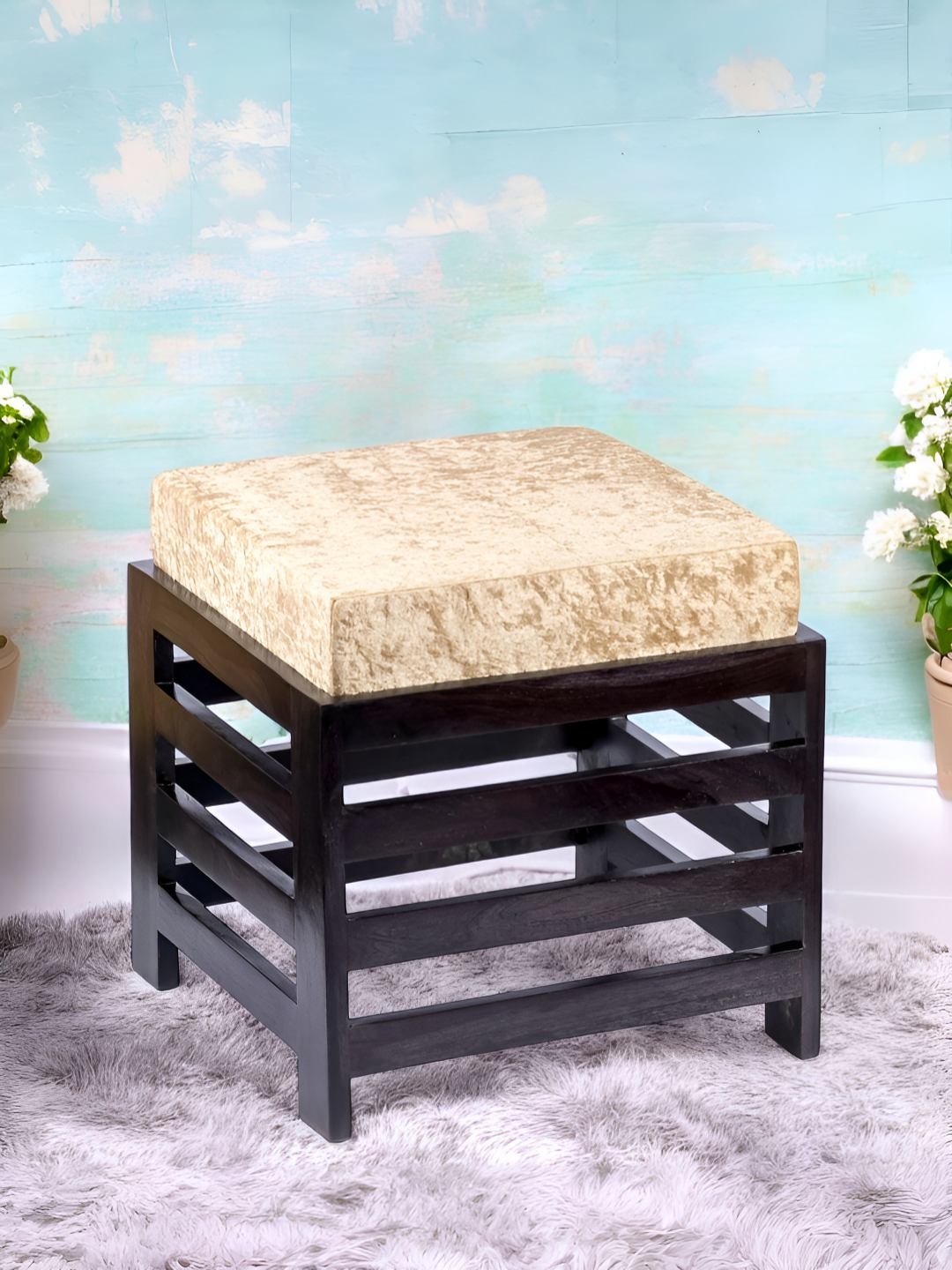 

Ikiriya Beige & Brown Square Wooden Stool with Velvet Cushions