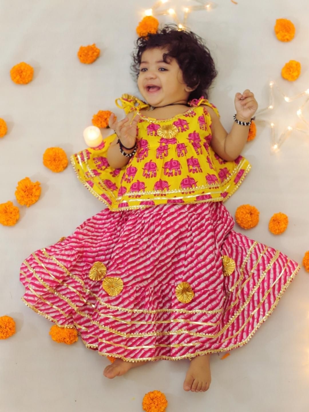 

BownBee Baby Girls Pure Cotton Top Leheriya Lehenga, Yellow
