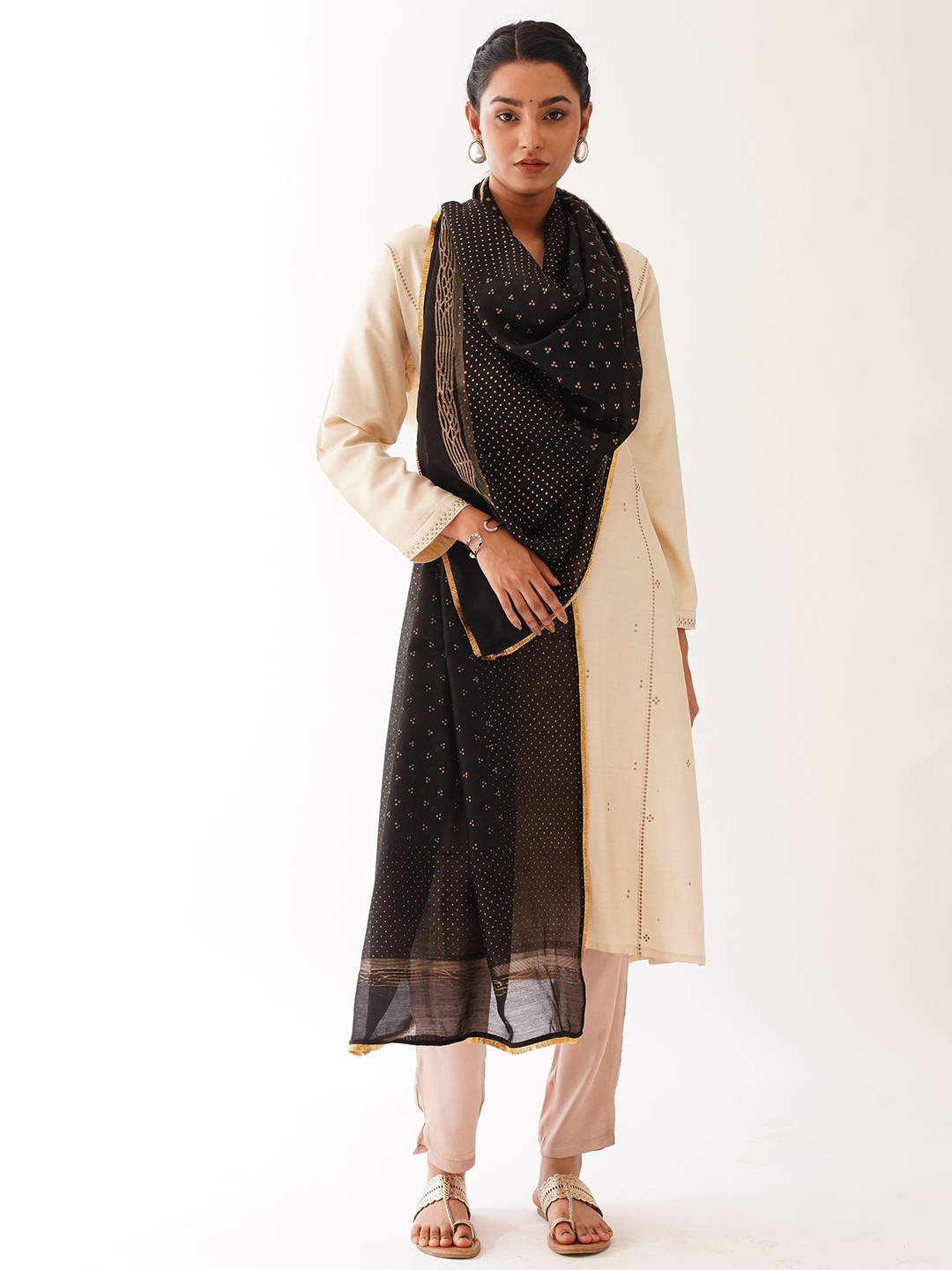 

JAYPORE Ethnic Motifs Printed Cotton Silk Dupatta, Black