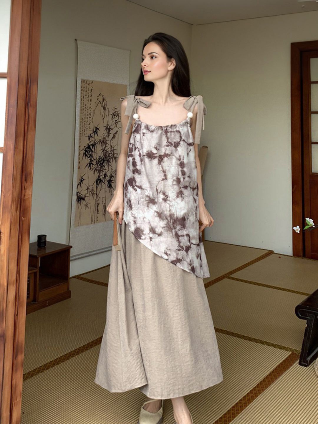 

StyleCast Printed Shoulder Straps A-Line Maxi Dress, Beige