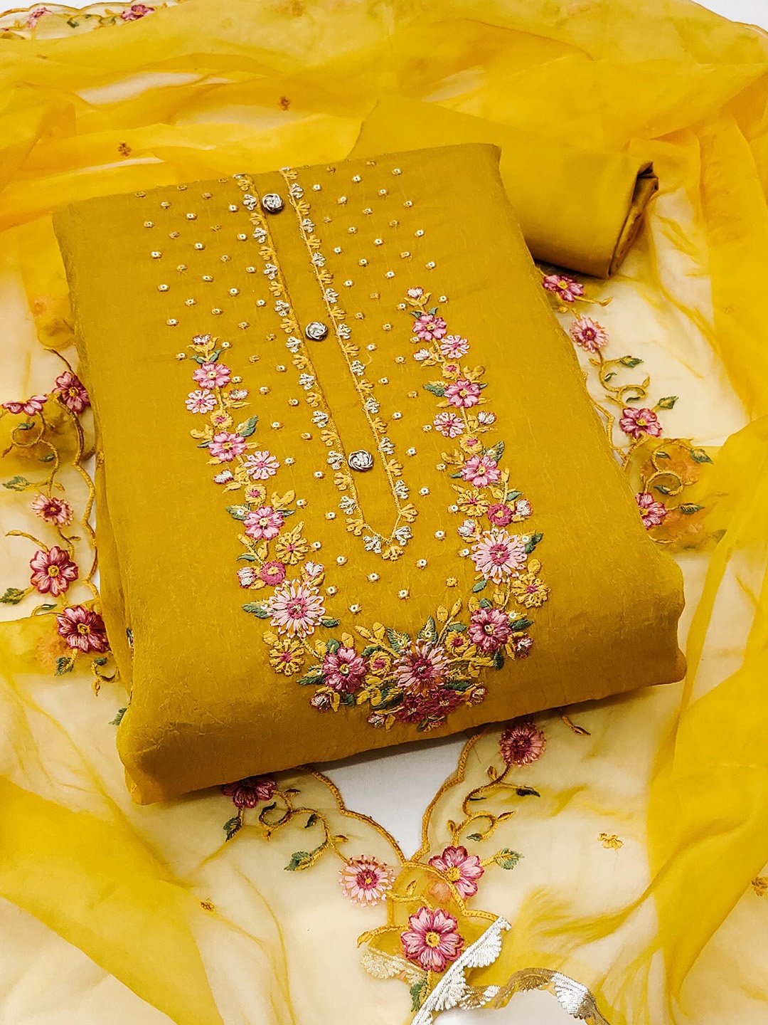 

KALINI Embroidered Viscose Rayon Unstitched Dress Material, Yellow