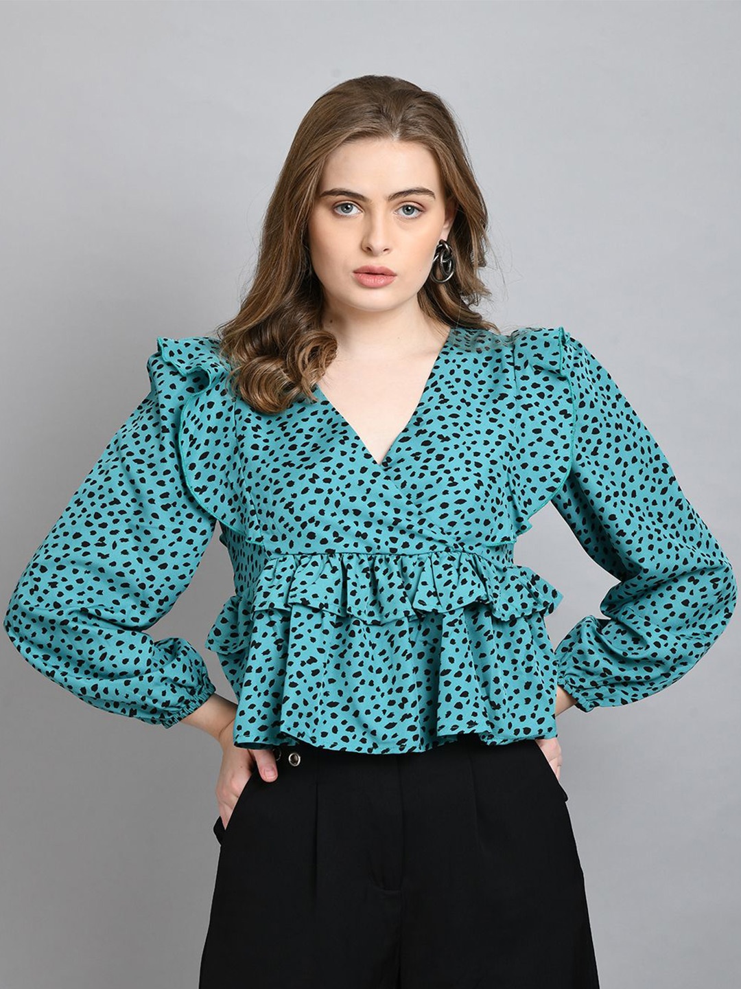

all about you Women Polka Dot Printed Ruffles PeplumTop, Green
