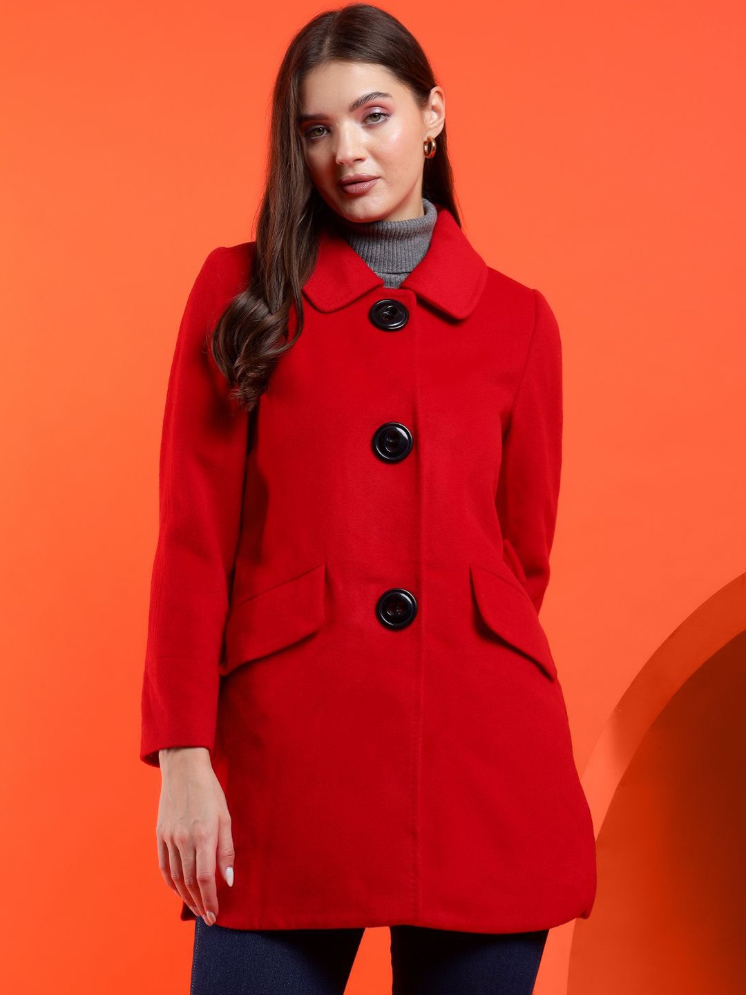 

Kotty Women Solid Spread Collar Overcoat, Red