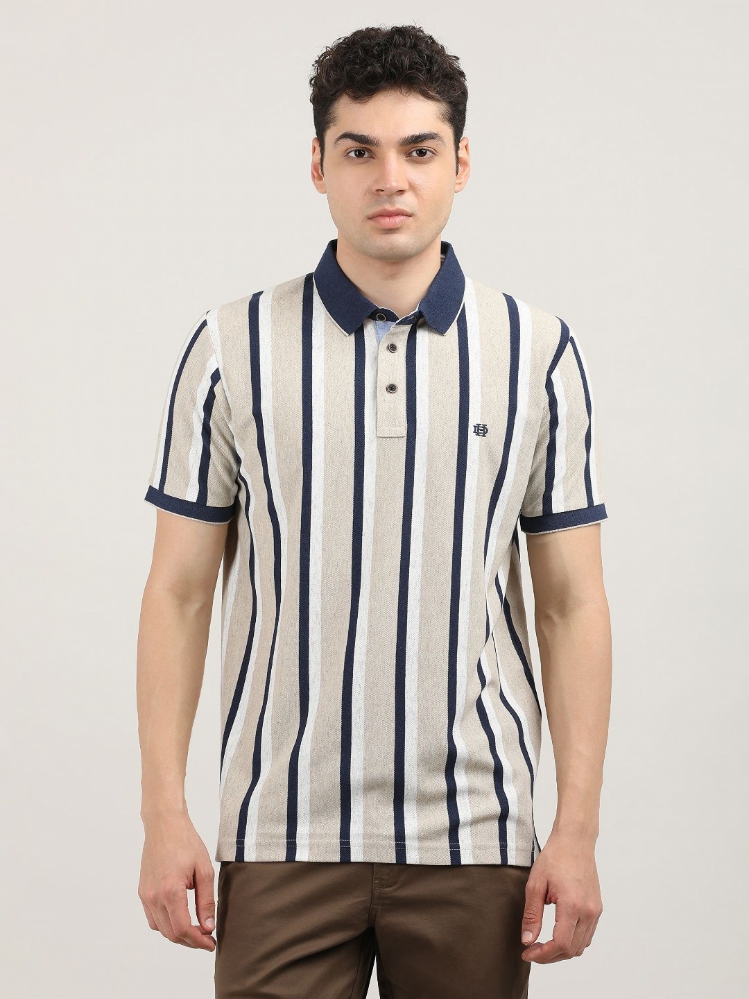

DRAGON HILL Men Striped Polo Collar Pockets Slim Fit T-shirt, Beige