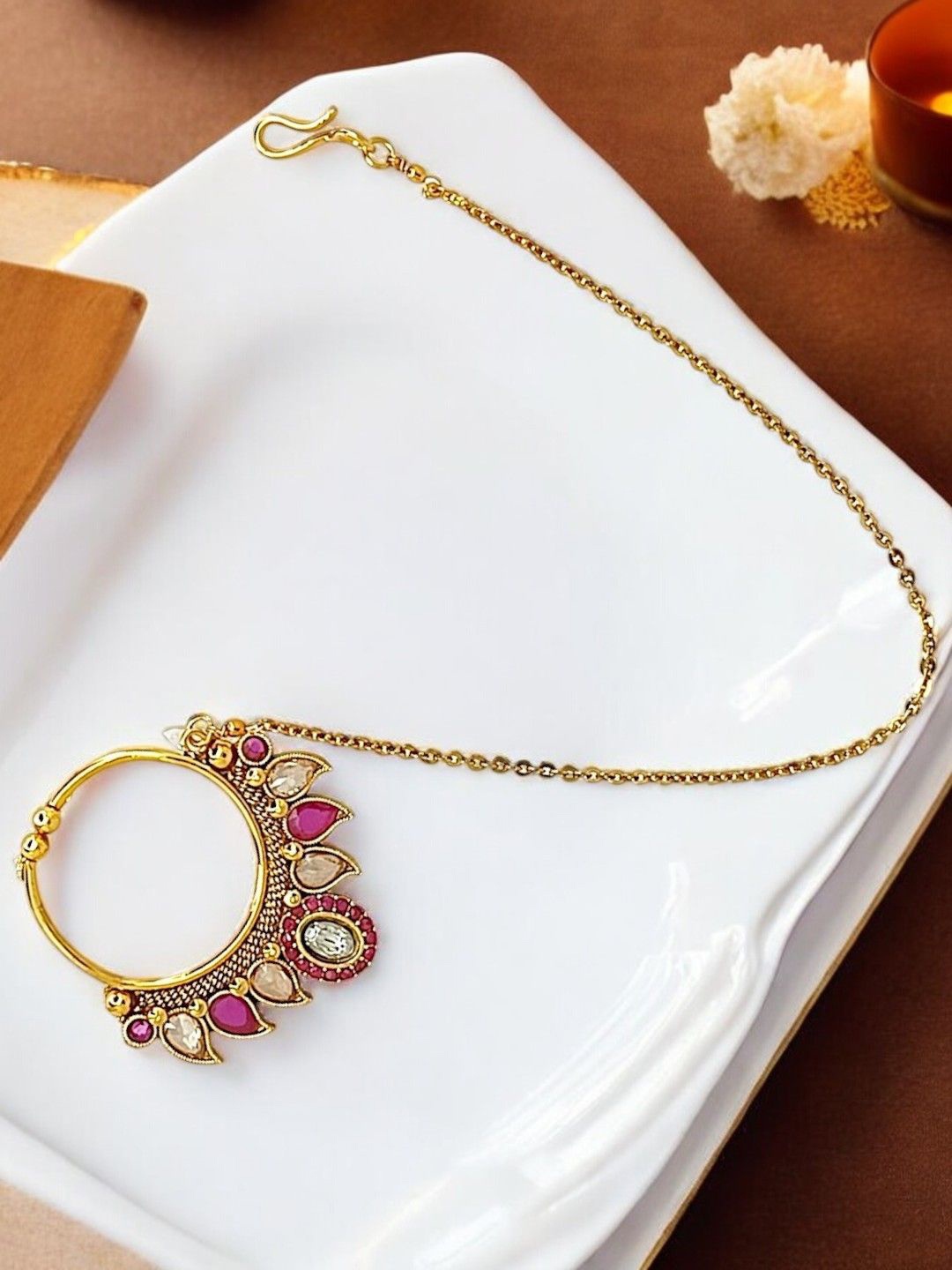

FEMMIBELLA Gold-Plated CZ Stone Studded and Beaded Ring Nosepin With Chain Nathiya