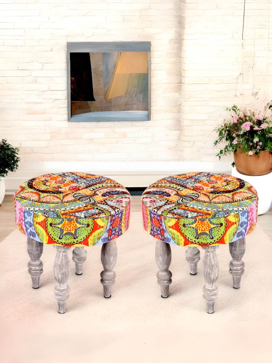 

Ikiriya 2-Pcs Green & Pink Wooden Stools with Printed Kantha Cushion