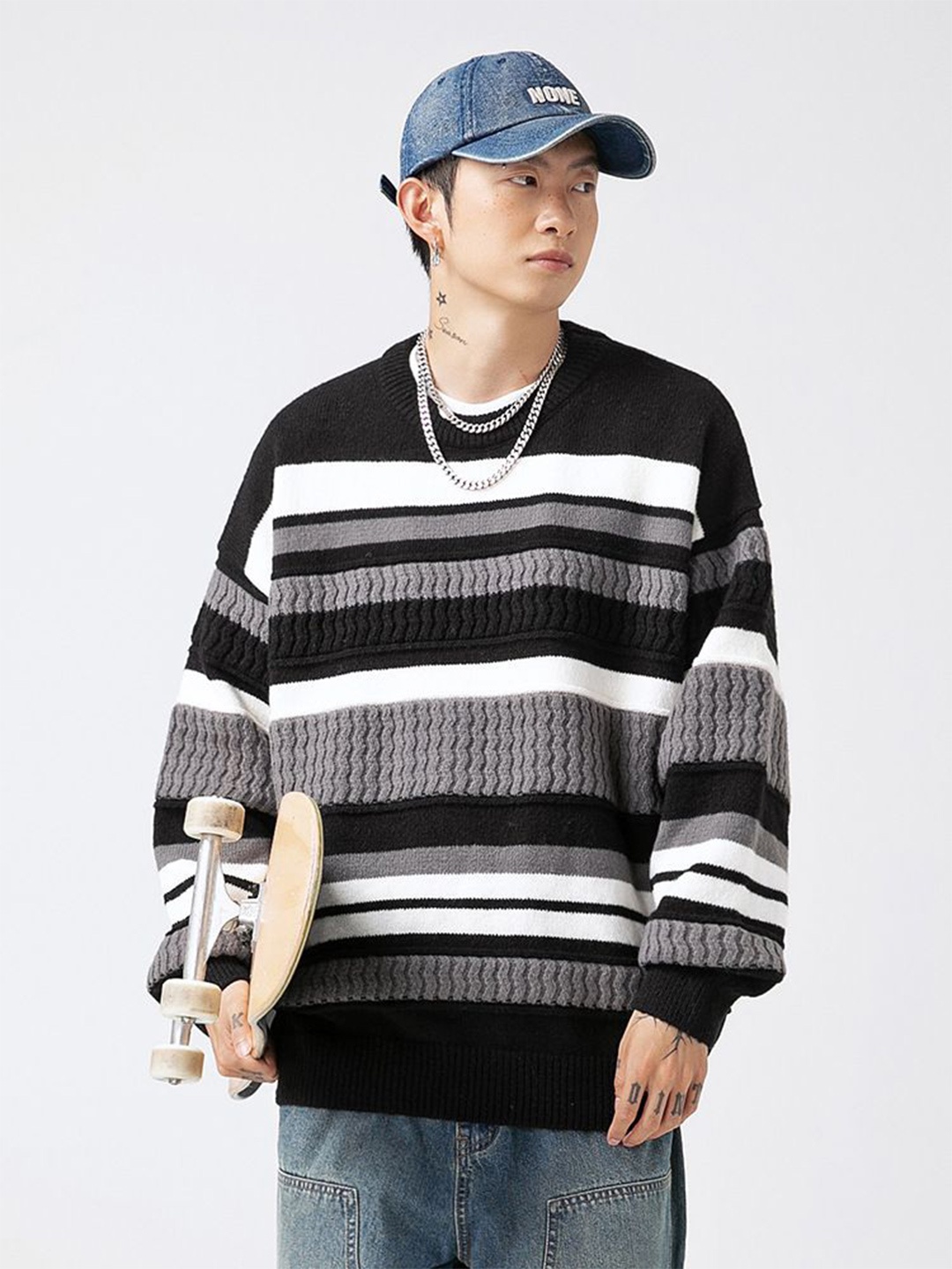 

HERE&NOW Men Striped Round Neck Sweatshirt, Black