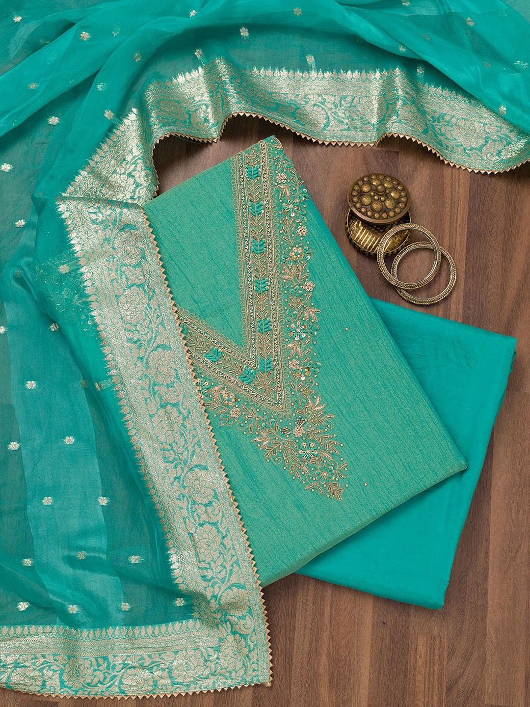 

Koskii Embroidered Raw Silk Unstitched Dress Material, Green