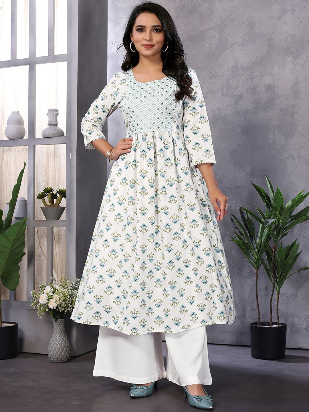 

Rangita Women Embroidered Mirror Work Anarkali Kurta, White