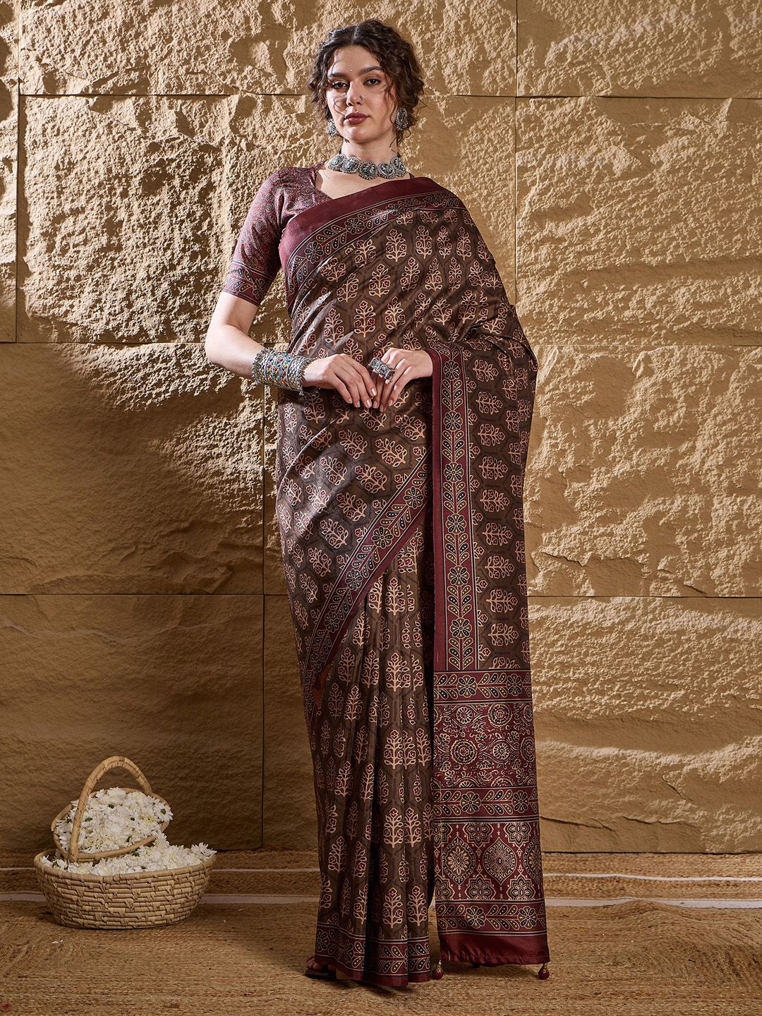 

Saree mall Ajrak Block Silk Blend Designer Dabu Sarees, Brown