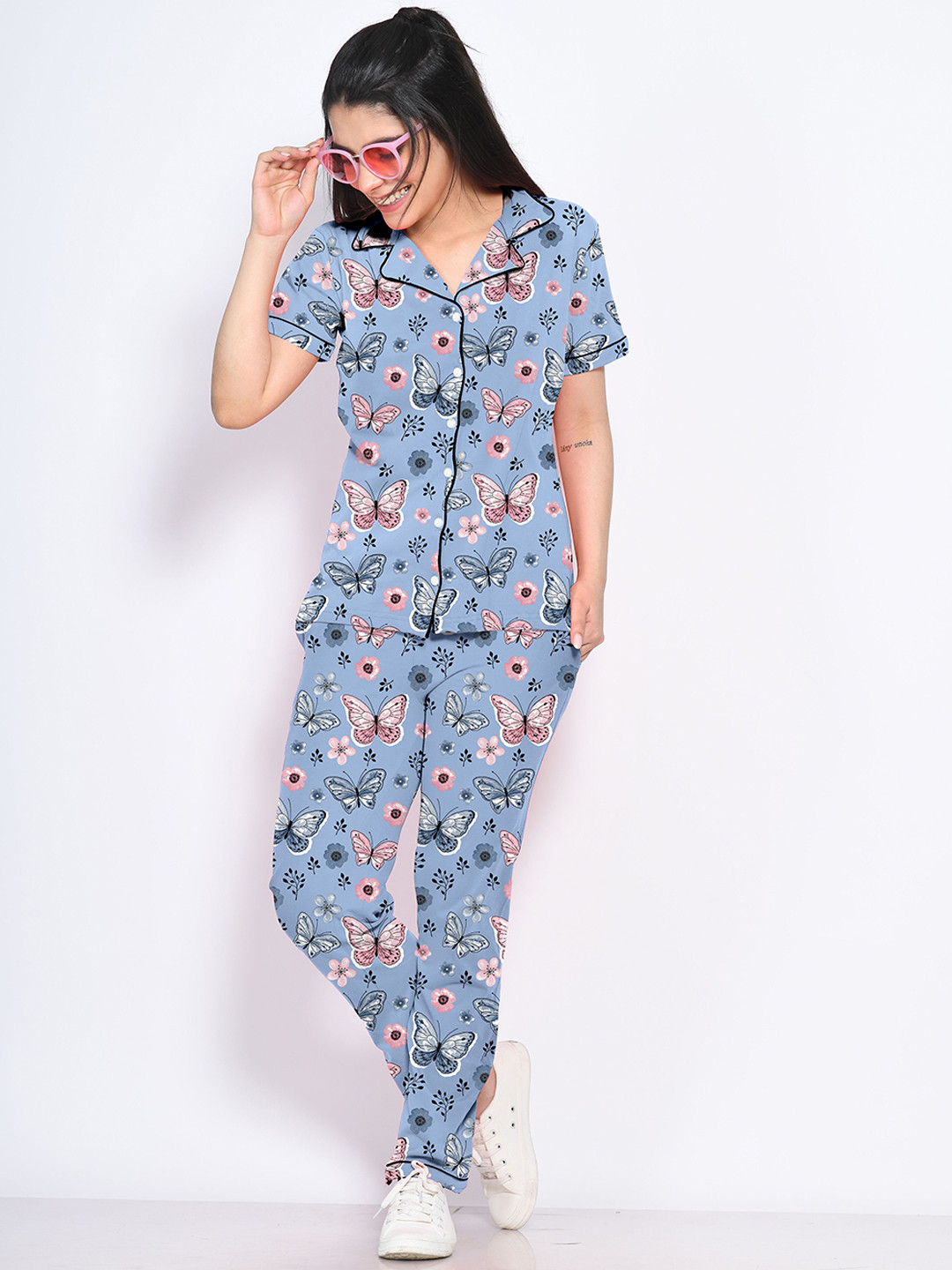 

NAP STORY Butterfly Printed Shirt & Pyjama Nightsuit, Blue