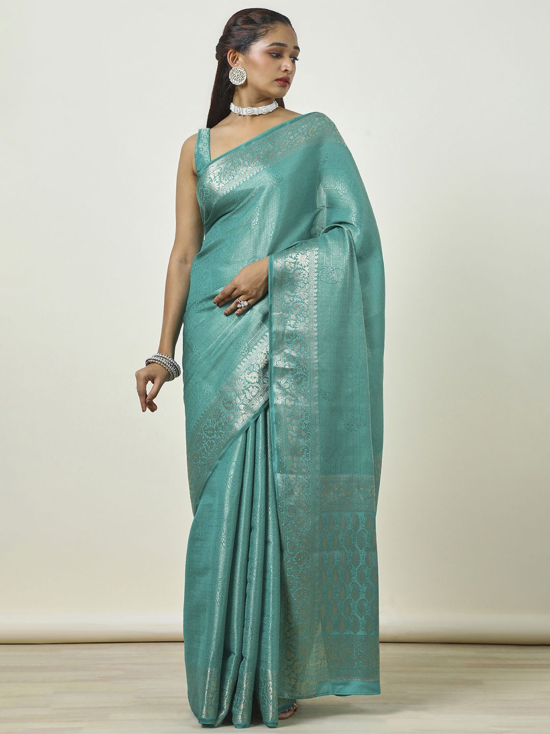 

Soch Ethnic Motifs Woven Design Zari Saree, Teal