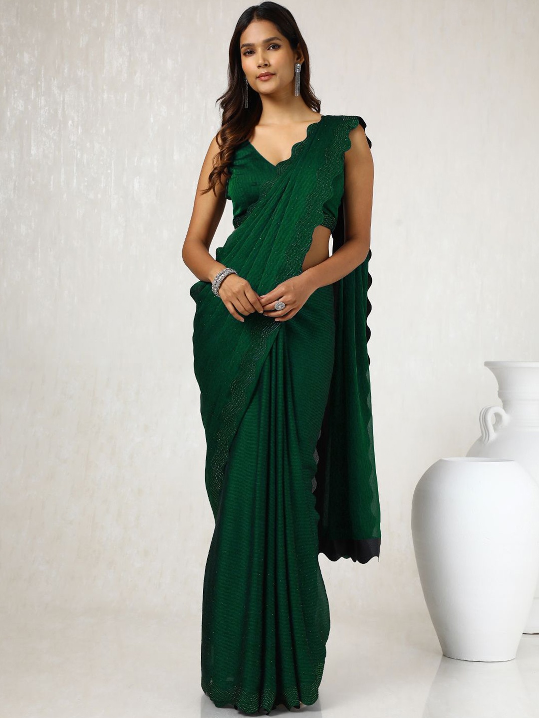 

Soch Embellished Beads and Stones Pure Chiffon Saree, Green