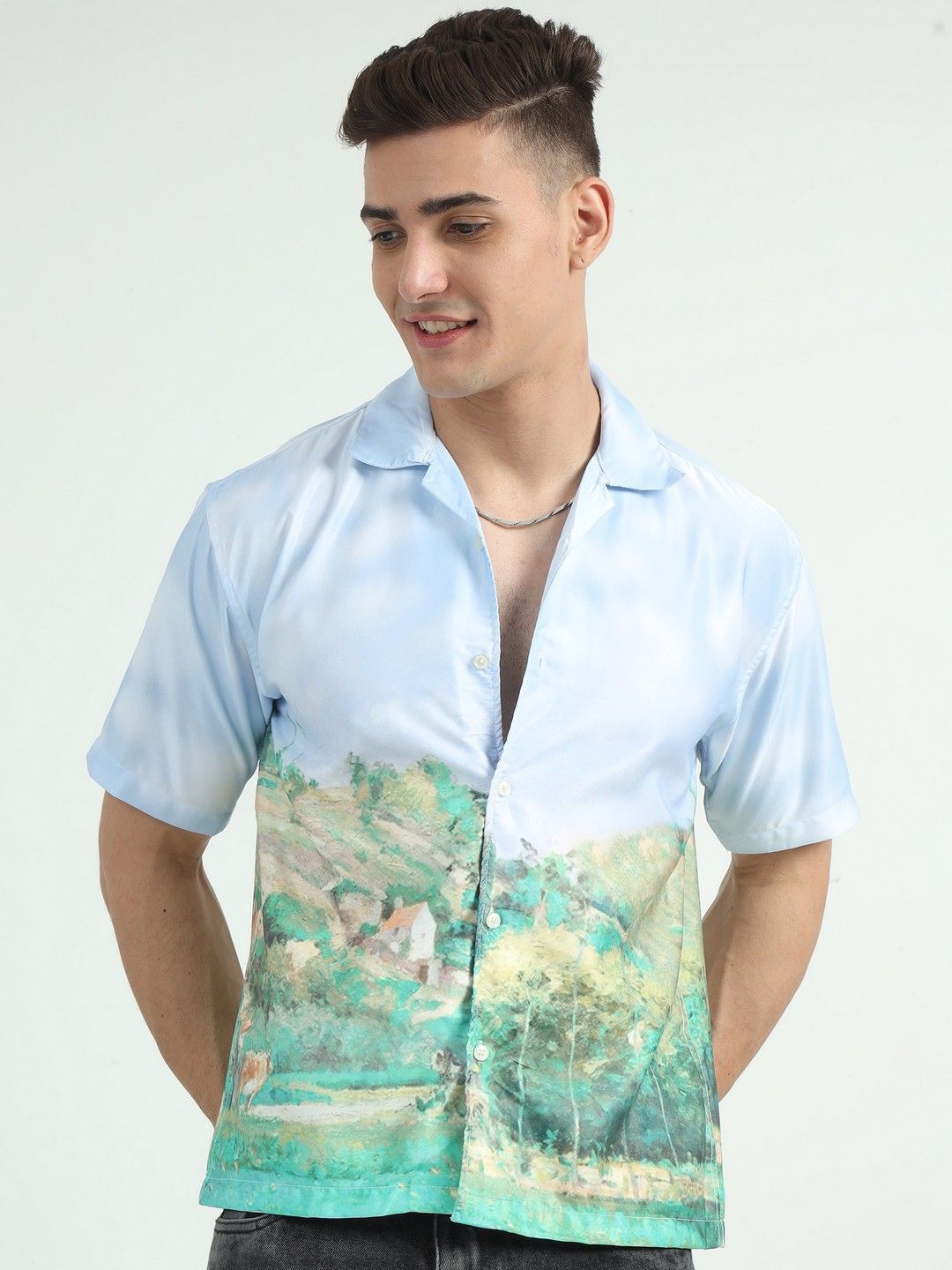

NEVER NEUD Men Relaxed Satin Grasslands Printed Oversized Casual Shirt, Multi